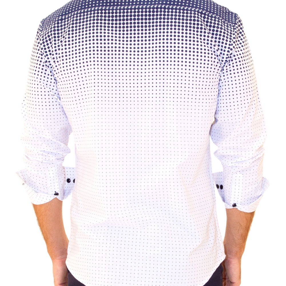 Bespoke men's long sleeve button down shirt in navy and white in size M
